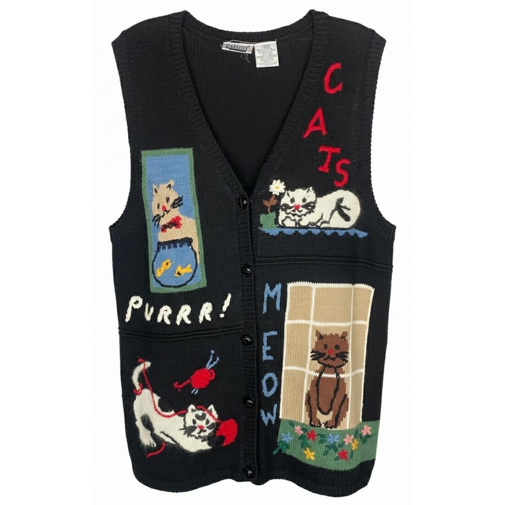 Vintage Cat Sweater‎ Vest Capacity Women's Size Med Button Cardigan embroidered